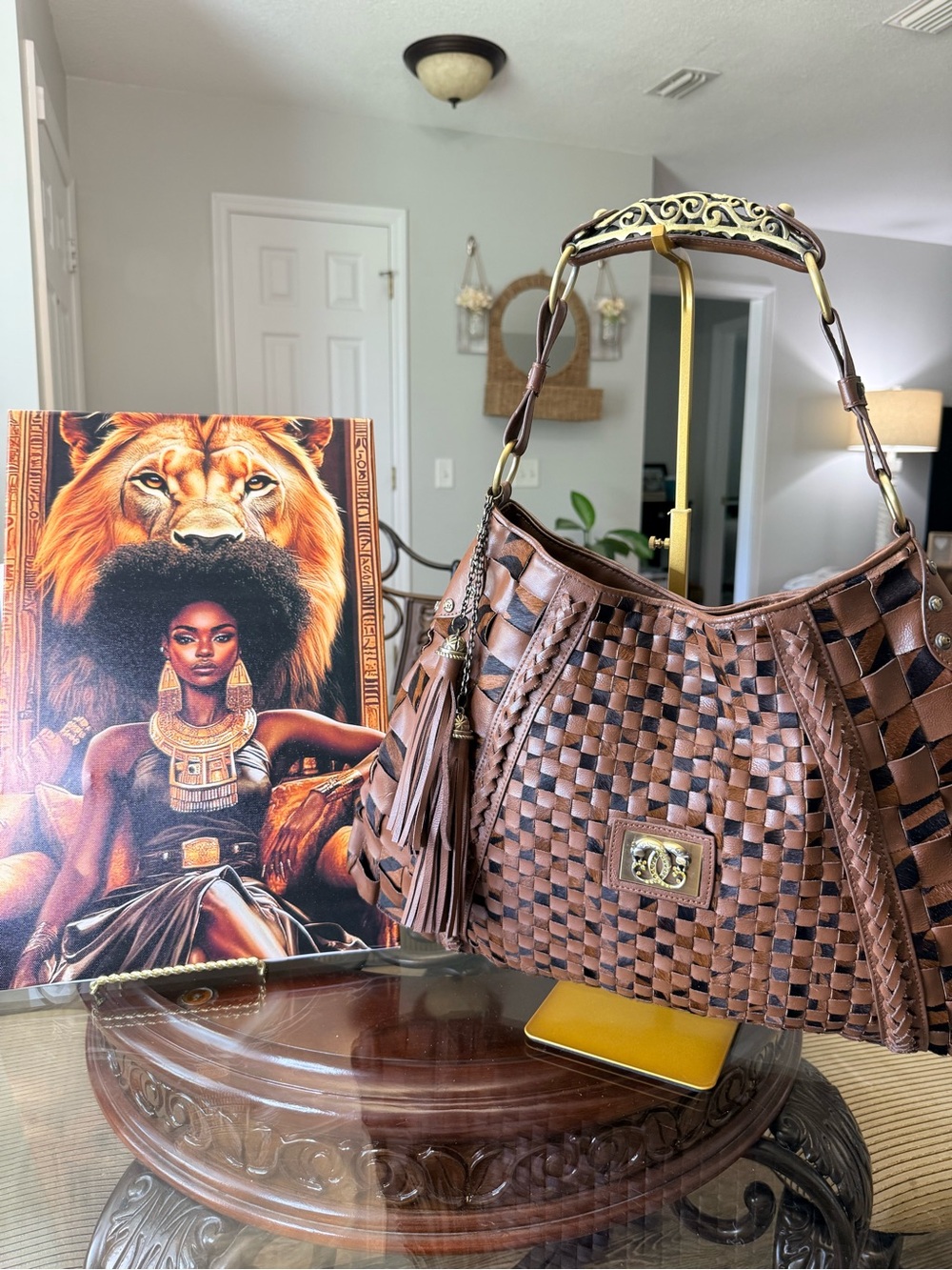 Woven Leather Shoulder Bag in Brown